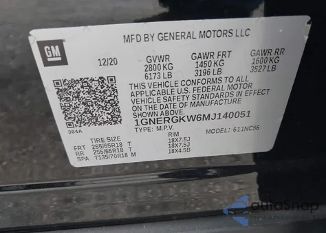 2021 Chevrolet Traverse Fwd Lt Cloth z USA, uszkodzony, nr VIN 1GNERGKW6MJ140051